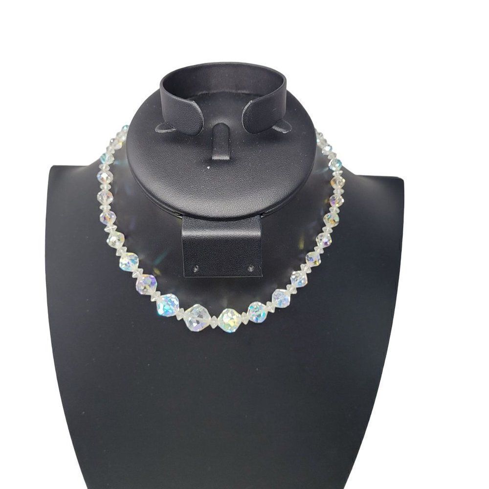 Vintage Graduated AB Crystal Collar Chocker Necklace Aurora Borealis Glam